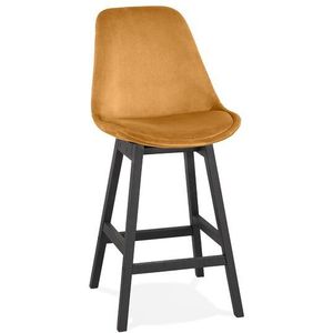 Halfhoge design barkruk 'MORISS MINI' in mosterd fluweel en poten in zwart hout
