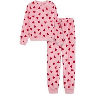 WE Fashion fleece pyjama met hartjes dessin roze/rood