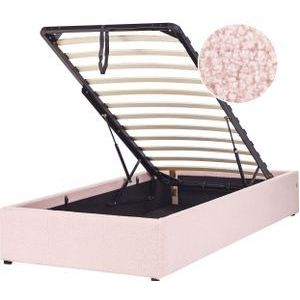 Gestoffeerd bed roze 90 x 200 cm bouclé stoffering met opbergruimte lattenbodem modern ontwerp