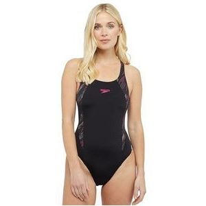 Speedo Hyperboom Splice Muscleback Badpak voor dames, klassiek design, sneldrogend, training, fitness, chloorbestendig zwempak, 1 stuks, Zwart/Elektrisch Roze/Usa Houtskool, 68