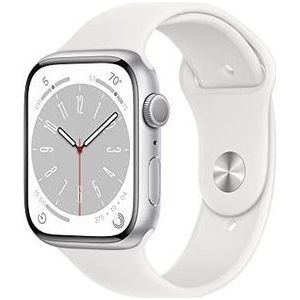 Apple Watch Series 8 (GPS, 45mm) smartwatch - kast van zilverkleurig aluminium Wit sportbandje - Standaardmaat. Conditie bijhouden, waterbestendig