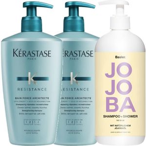 Kérastase Resistance Bain Force Architecte Bundle 2 x 500 ml + Basler Jojoba Shampoo & Shower 500 ml gratis