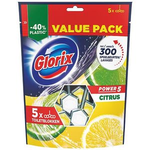 Glorix Power 5 Toiletblok - Citrus - in een hersluitbare en geurbehoudende verpakking met 40% minder plastic* - 5 stuks