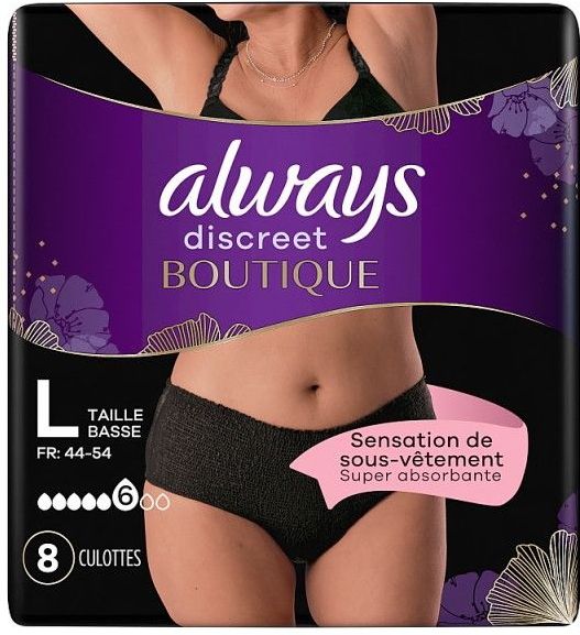 Always Discreet Boutique Broekjes Lage Taille Zwart Large (8 stuks)