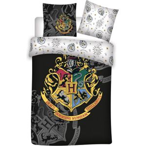 Harry Potter - Hogwarts Black & White 1 Persoons Dekbedovertrek (140cm x 200cm)( Katoen)