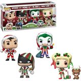 DC Super Heroes Funko Pop Vinyl 4-Pack: Superman, Batman, The Joker & Harley Quin in Holiday Outfits