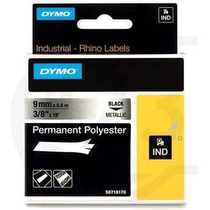 Dymo S0718170 / 18485 IND Rhino tape permanent polyester zwart op metallic 9 mm (origineel)