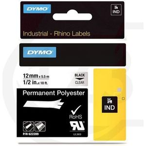 Dymo 622289 IND Rhino tape permanent polyester zwart op transparant 12 mm (origineel)