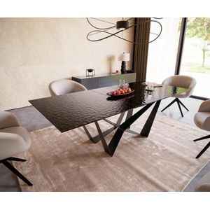 Esstisch Edge 180-220x100 Reliefglas Rauchschwarz 3D-Design Spider Flachstahl Schwarz ausziehbar