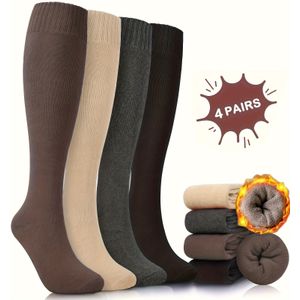 4 paar warme kniehoge sokken voor dames, zachte dikke kousen voor koud weer, thermische dames lange casual winter cadeau sokken voor wandelen skiën