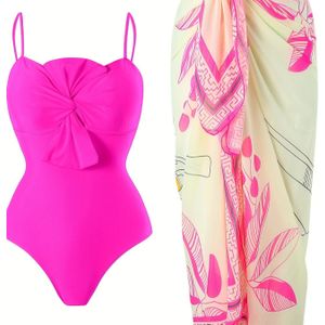 Solid Color Two-piece Swimsuit, One-piece Swimsuit With Thin Straps Controlling The Belly And Shaker Skirt, Women's Vacation Swimwear And Clothing