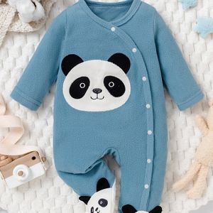 Herfst en Winter Pauwblauwe Gewatteerde Baby Romper, Nieuwboren Modieus Eenvoudig Schattige Cartoon Panda Patchwork Borduurwerk met Witte Contrast Dierpatroon Details, Perfect voor Buiten