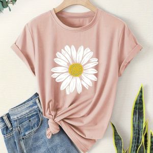 Women's Vintage-inspired Orange T-shirt With White Daisy Print - Casual Short Sleeve Crew Neck Top For Spring/summer, Casual Wear|vintageinspired Top|medium Stretch Fabric