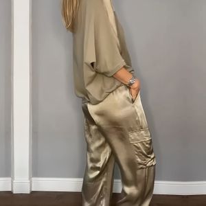Dames Casual 2025 trendy Beige -Quarter Mouw Top & Broek Set - Loose Fit, Lange Mouw Pullover met Riempje Detail, voor alle seizoenen, Casuele kleding|Ontspannen pasvorm top|Comfortabele pasvorm