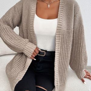 Stijlvolle Open Vest - Casual Lange Gebreide Trui met Lantaarnmouwen, Geribbeld Detail, Acryl .0% - Perfect voor Herfst/Winter