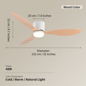 52" Modern Ceiling Fan With Light And Remote - 3 Cct, 6 Wind , 3 Wooden Blades, White Light Fixture For Living Room, Bedroom & Dining Room, Hardwired Installation, Ceiling Fan Light
