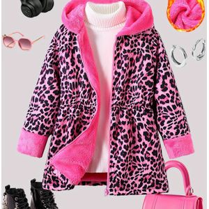 Meisjes' Gezellige Luipaardprint Fleece-Gevoerde Hoodie - Casual Middellange Winterjas, Maten 130-170, Winterkleding voor Meisjes