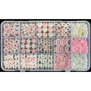 3D Nagelcharms voor Coquette Nageldesign Set 3, Witte & Roze Nagelboogjes + Diverse Parelhart Ster Boogknot Schattige Nageljuwelen + 3D Bloemencharms en Nagelparel