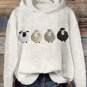 Dames Fleecegevoerde Hoodie met Schattige Schapenborduurwerk - Zachtroze Pullover, Casual Sweatshirt voor Alle Seizoenen, voor Dagelijkse & Formele Outfits