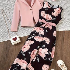 Meisjes 2-delige Fashion Casual Set | Blazer met Reverskraag + Romantische Jumpsuit met Bloemenprint met Accessoire Riem, Geschikt voor Outdoor Vakantie Stijl