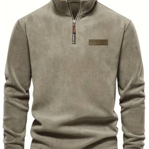 Herren Fleece-gevoerde Dikke Half-Zip Trui - 100% Polyester, Casual Ronde Hals Pullover met Logodetail, Wasmachinebestendig, Herfst Winter Warmte, Stijlvol Retro Amerikaans Design