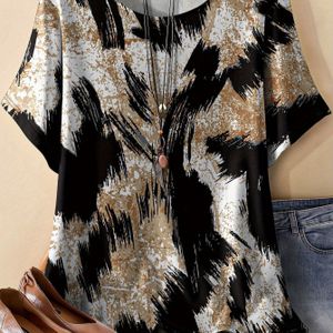 Plus Size Dames T-Shirt met Luipaardprint - Casual Korte Mouw Ronde Hals Top in Zwart & Goud, Comfortabele , Machinewasbaar, Veelzijdige Garderobe Stap voor Alle Seizoenen, Stijlvol T-shirt