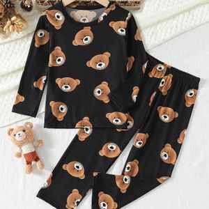 2 stuks Jongens Pyjama Set voor Lente/Herfst, Medium/ Maat Beer Print Lange Mouwen Top + Broek Combo, Lichtgewicht Ademend Zomer Slaapkleding Outfit, Beschikbaar in Zwart en Grijs, Leeftijd 4-12