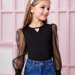 Meisjes Gebreide Ronde Hals Lange Mouw Shirt met Mesh Detail, Ademend en Lichtgewicht voor Casual Kleding