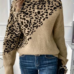 Vrouwen Plus Size Luipaard Print Trui - Gezellige Acryl Hoge Hals Pullover met Lange Mouwen, Casual Stijl voor Herfst & Winter, Herfst Winter Trui | Luipaard Print Top | Gebreide Textuur