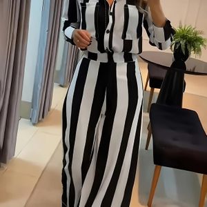 Casual Gestreepte Dames Jumpsuit met Lange Mouwen en Knoopsluiting - Zwart & Witte Strepen, Wijde Pijpen, Polyester Stof, Perfect voor Lente/Zomer, Dames Jumpsuits