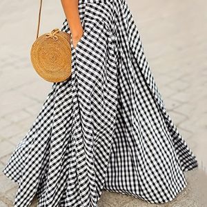 Stijlvolle Gingham A-Lijn Rok voor Vrouwen - Hoge Taille, Wervelend Ontwerp, Zwart & Wit Geruit , Polyester, Machinewasbaar, Perfect voor Casual of Chique Outfits, Minirok