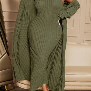 Plus Size Geribbelde Tweedelige Jurk met Lange Mouwen en Open Voorkant voor Vrouwen