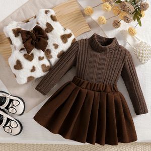 Driedelige set voor babymeisjes | 100% trui en fluwelen rok, pluche luipaardprint vest met schattig strikdesign, schattig en warm, voor herfst en winter, voor buiten, gebreid