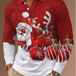Heren Kersttrui met Lange Mouwen - Casual Regular Fit Gebreid Polyester met Lichte Stretch, Reverskraag & Knoopdetails, Feestelijke Kerstman en Rendier Print