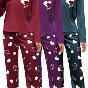 3- Dames Herfst- en Winterpyjama Set met Hartjesprint, Lange Mouwen Ronde Hals Top en Broek, Comfortabele Losse Pasvorm