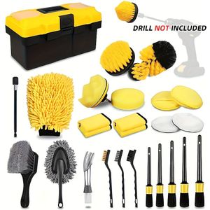 27-delige Gele Auto Schoonmaakset, Auto Schoonheidsborstel Set, Auto Schoonheid Borstel Set, Autowas Accessoires, Interieur, Exterieur, Wielreinigingsgereedschap