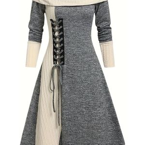 Vrouwen Elegante Gebreide Midi Jurk, Off the Shoulder Kleur Blok met Strepen, Polyester 95% Elastaan 5%, Getailleerde Regular Fit, Alle Seizoenen, 220g Stof Gewicht