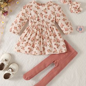 3-delige Winteroutfit Set voor Baby Meisje - Zachte Mintgroene Bloemenprint Jurk & Beenwarmers | Knusse Lange Mouwen Romper, Wasmachinebestendige Kleding voor (0-)