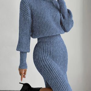 Elegante Jurk met Hoge Hals | Herfst/Winter Kleur Trui Jurk met Lantaarnmouwen en Split Zoom