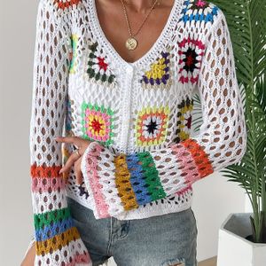 Handgemaakte Boho Vintage Regenboogkleur Semi-Transparante Trui Jas - Open Voorkant Kraag, Holle Top voor Lente/Herfst Resort Kleding, Boho-Chic Geometrische Regenboogkleuren (Handwasbaar)