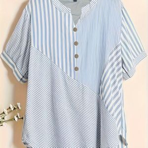 Plus Size - Damesshirt met onregelmatige strepen | V-hals, niet-rekbare stof, geometrisch , asymmetrisch ontwerp, elegante stijl voor de zomer