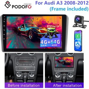 PODOFO 4+64G 15 Autoradio voor Audi A3 2008-2012 (Inclusief Frame) Dubbele Din Radio met 9 Inch Touchscreen, Carplay Auto Radio met GPS Navigatie//DSP/Driftcamera+AHD Achteruitrijcamera