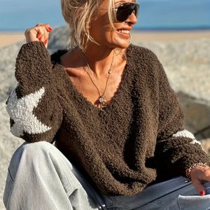 Dames Wintertrui V-hals Sterrenpatroon (of ) - Losse Oversized Truienpak, Wasmachinebestendige Warme en Knusse Truien voor Herfst/Winter, Casual en Stijlvolle Outfits