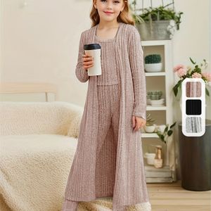 Rekbare gebreide kleding 3- meisjes, lange mouwen omslag gebreide cardigan + top + leggings kindercadeau, perfect voor casual buitenactiviteiten en wandelen met de hond
