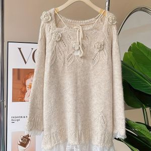 Vrouwen's Elegante Kant & Pailletten Top - Zachte Pastelroze Trui met Bloemenkantafwerking, Losse Lange Mouw Blouse voor Lente/Herfst, Casual tot Formele Outfits, Damesblouses