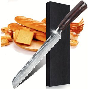 8 Inch Bread Knife With Gift Box, Serrated Bread Knife Stainless Steel Damascus Pattern Bread Cutter Ideal For Slicing Homemade Bread, , Cake