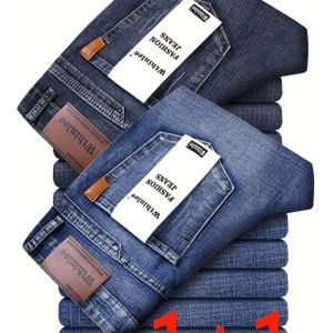 2025 Herfst/Winter Mannen Losse Rechte Pijp Denim Broek, Bestverkochte Licht Zakelijk Casual Elastische Lange Trousers Set van Twee
