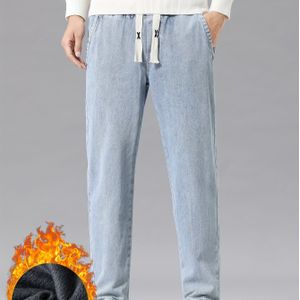 1 stuk Heren Winter Warme Fleece-Voering Trekkoord Denim Jeans, Casual Midden Taille Gewassen Rechte Pijpen, Niet-Rekbare Katoenmix, Kleur, Regular Fit, - Gengyuan Shi