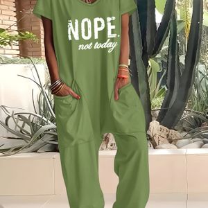 Vrouwen olijfgroene V-hals korte mouw jumpsuit met "NOPE niet vandaag" print, casual wide-leg zakken, lichtgewicht polyester mengsel voor lente/zomer/herfst