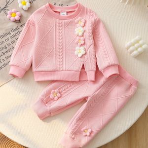2 stuks Meisjes Puff Bloem Ruit Textuur Lange Mouw Top + Elastische Taille Broek Schattig Zoet Herfst Winter Nieuwe Set, Perfect voor